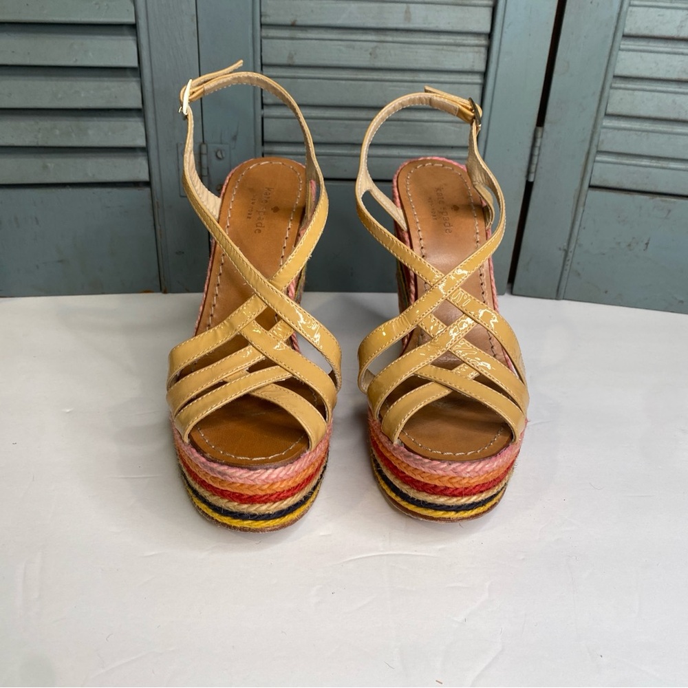 Kate Spade Lindsay Rainbow Espadrille Raffia & Leather Wedge Heel Sandals Size 6 - Picture 2 of 12